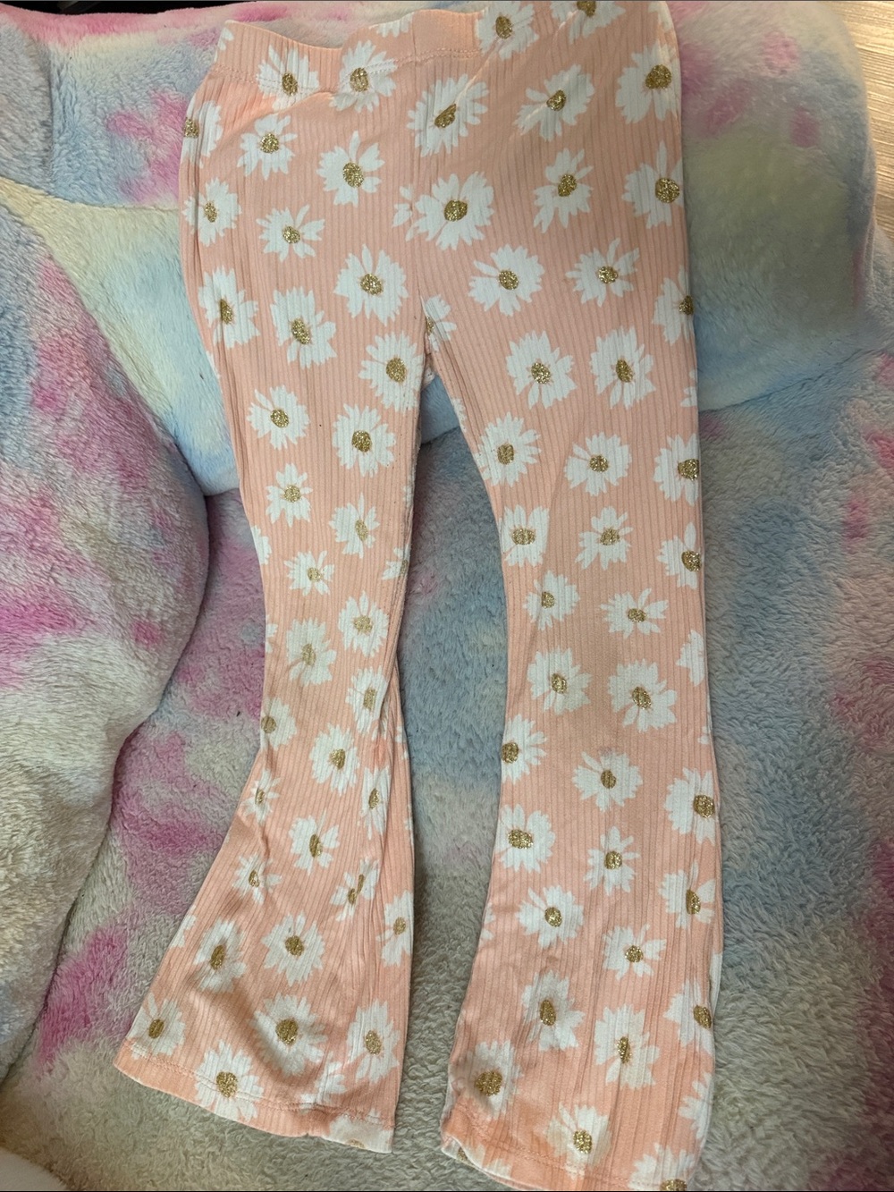 btween Pink Daisy Ribbed Flare Leggings